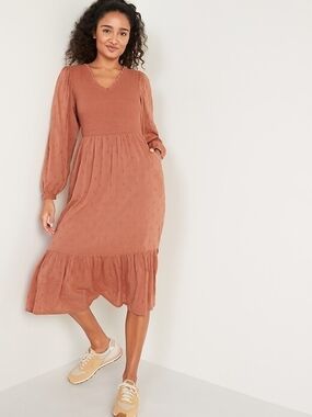Old Navy Rust Midi Swiss Dot V-Neck Dress - Women